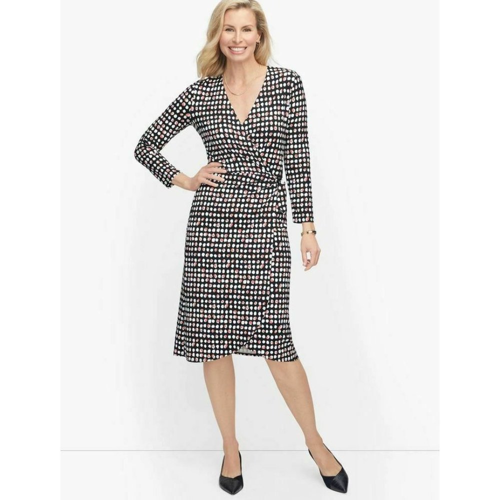 NWOT Talbots Black & Pink KNIT JERSEY FAUX WRAP DOT DRESS Size Large